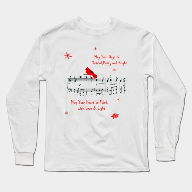 Music and Red Bird Christmas T-Shirt Long Sleeve T-Shirt by DISmithArt